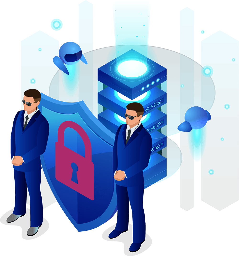 Illustration of two men who look like Secret Service guards standing in front of a shield with a stack of servers behind them.